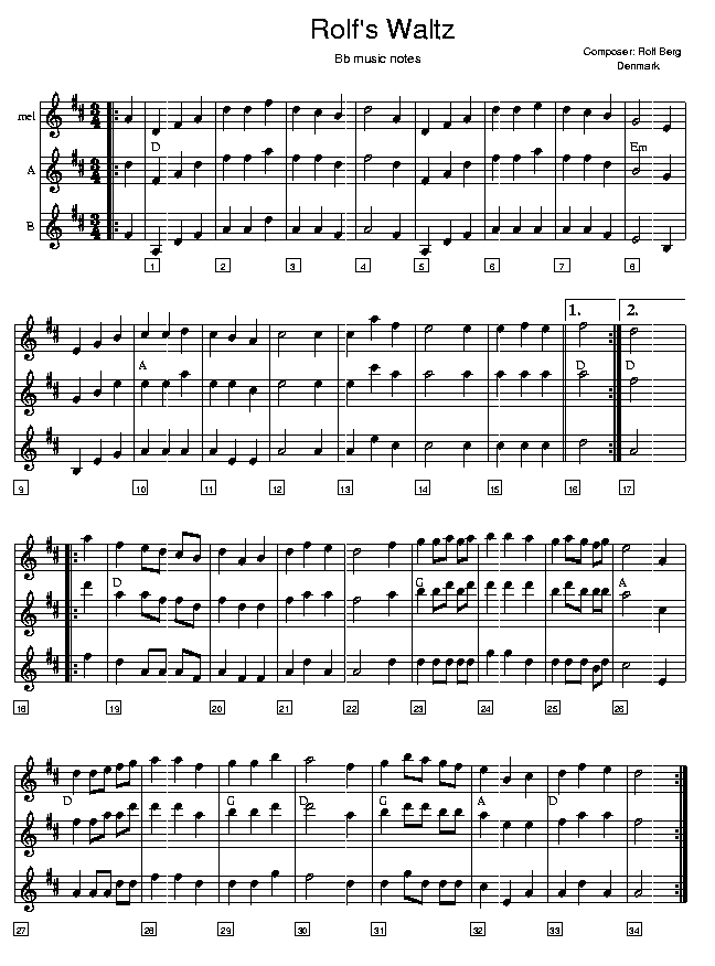 Rolf's Waltz, music notes Bb1; CLICK TO MAIN PAGE
